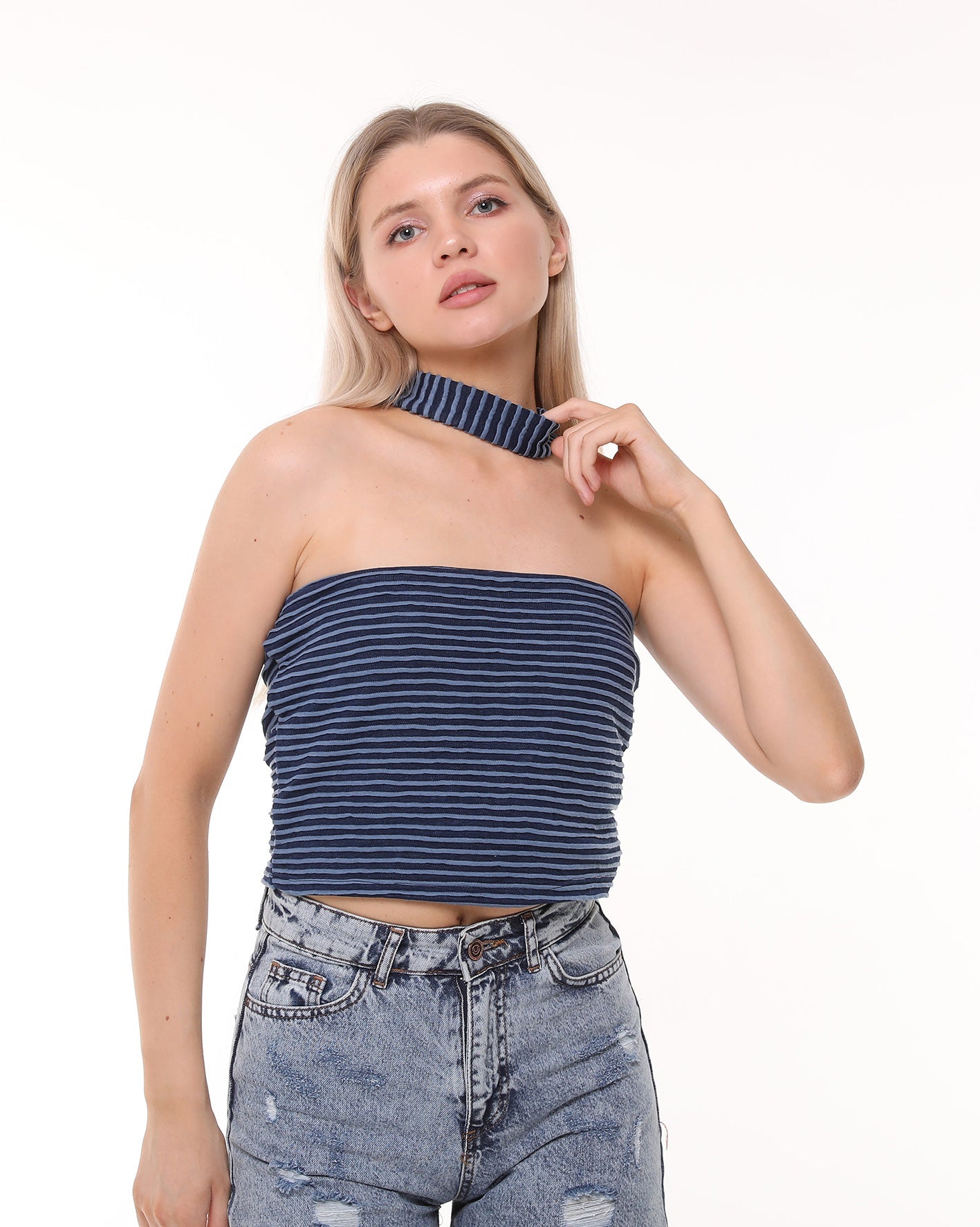 Kadın Lacivert Çizgili Bandeau Büstiyer Crop